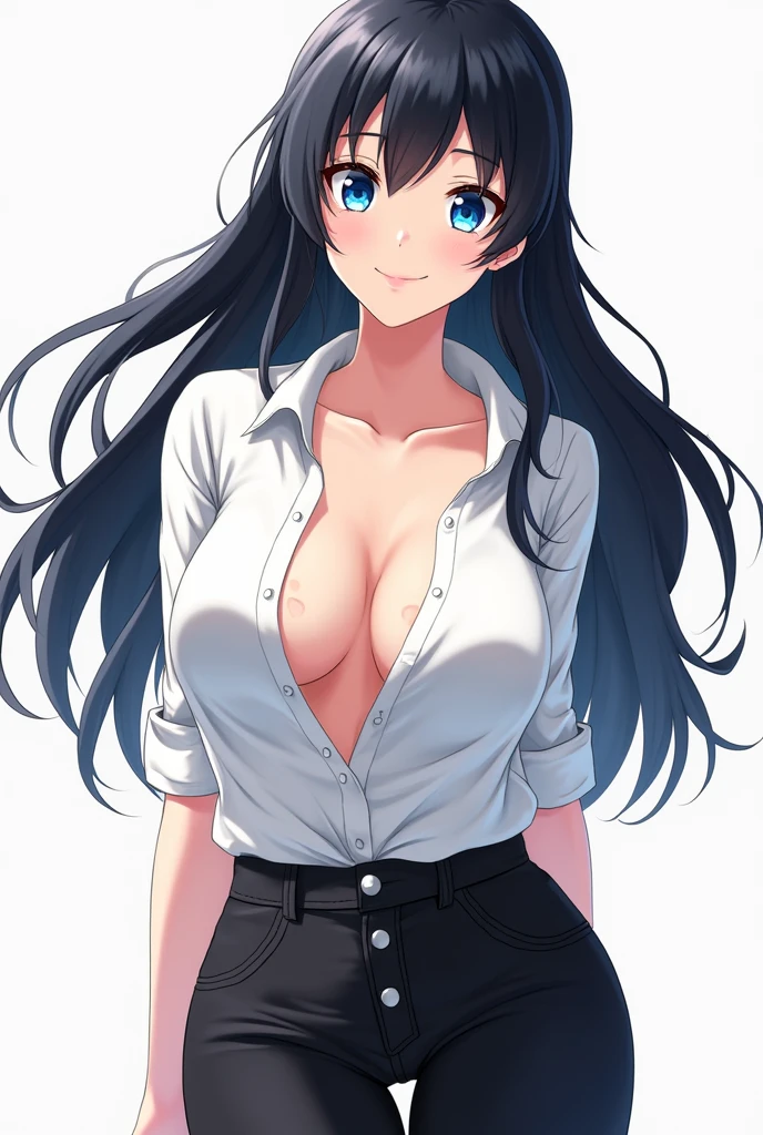 Anime character girl Himawari Uzumaki adult with a white shirt a little open and black pants with big breasts 