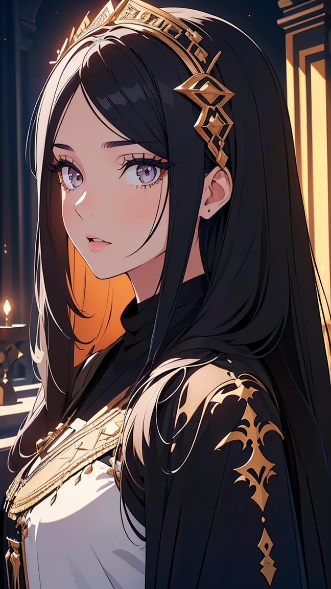 Girl1,(black long hair, Long eyelashes, Honey-colored eyes),(white eye shadow), (black Arabic abaya dress), (mouth open), (Highly detailed CG,module,8K wallpapers)،(Highest quality, high resolution, beautiful lighting, realistic shadow, high resolution)،(Detailed skin, highly detailed, detailed faces and eyes, realistic eyes)