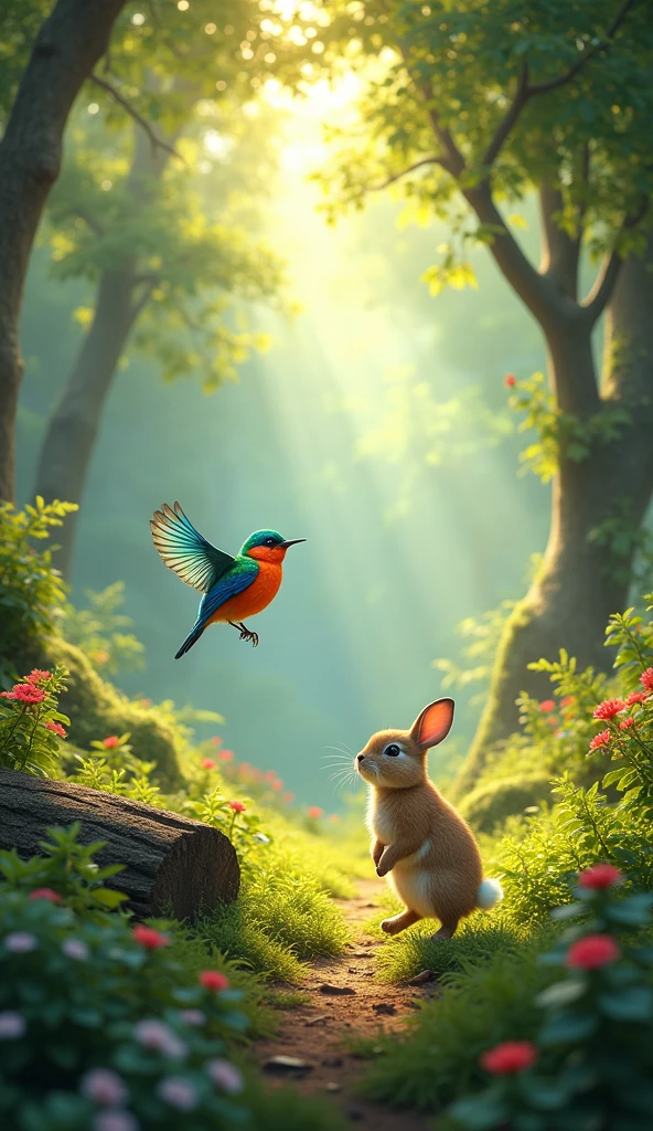 Create an image of a vibrant, sunny day with a small, colorful bird and a cute rabbit in a lush, green forest.