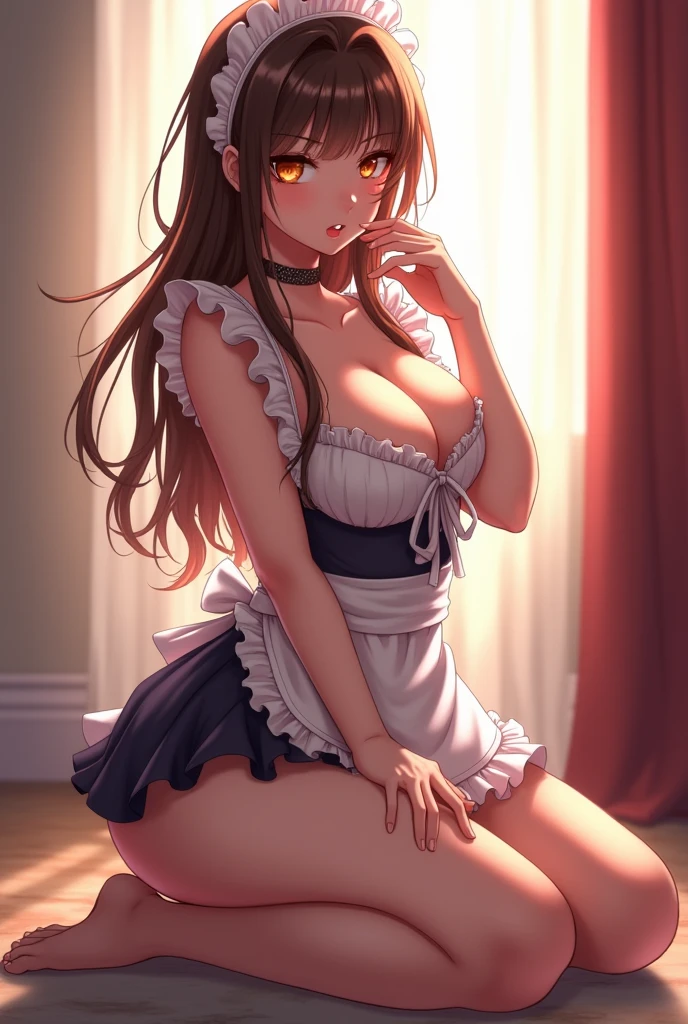 ((anime)), mature female, apron, naked, seductive expression, on knees, infront of me, big breast.