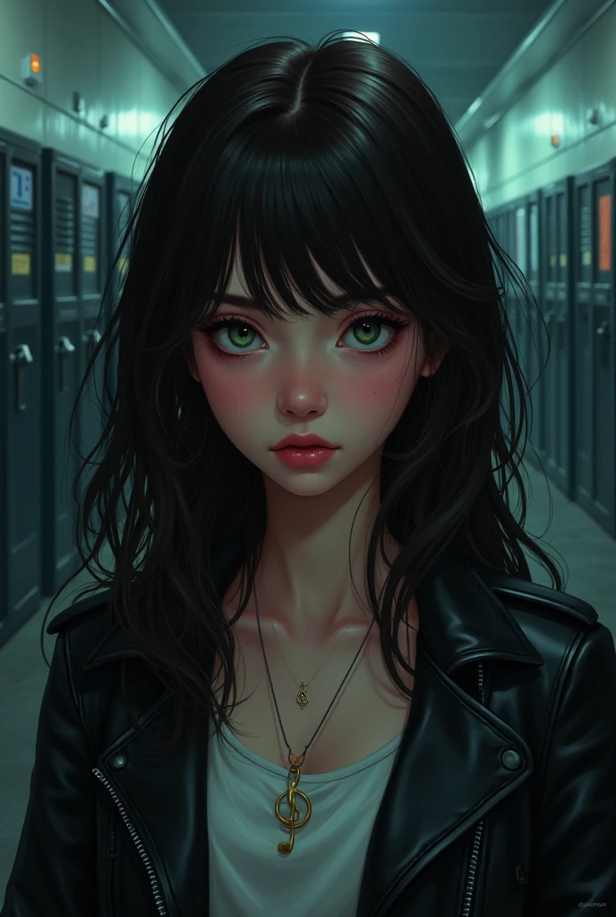 create the image of a young woman who looks 2, very dark brown hair, wavy and long, very white skin and slightly pink cheeks and light green eyes, wearing leather jacket, musical note necklace, in the digital illustration style inspired by the GTA V loading screens, Her sexy expression, low lighting. thriller atmosphere. University hallway background with dark university lockers