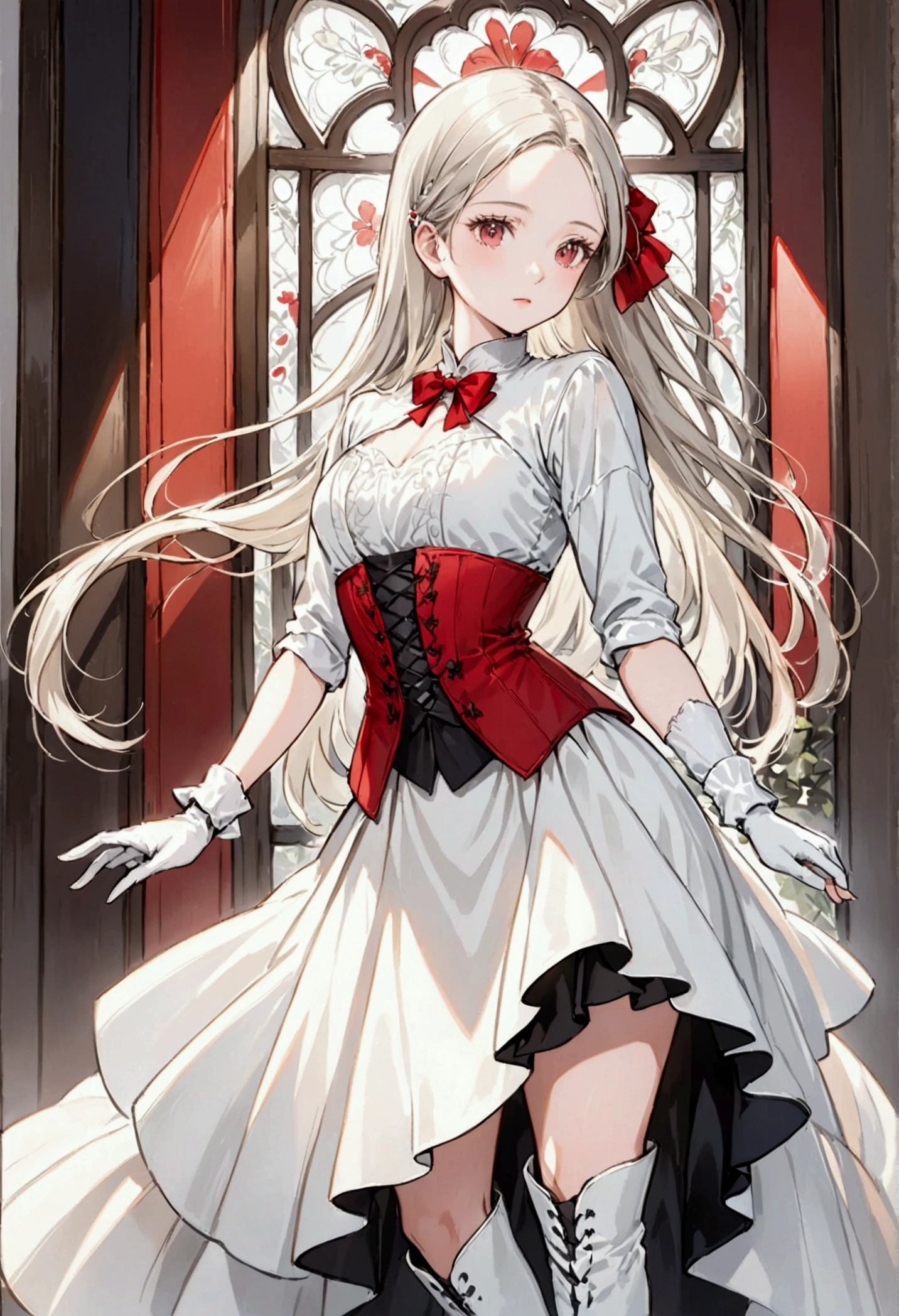 Woman with long straight hair, platinum blonde color and cropped bangs that cover her forehead, French ancestry, with a white Victorian style formal suit and a red bow on the chest, miniskirt with a corset-like top, long white boots, white fingerless glove holder with red touches.