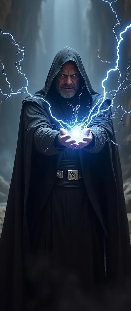 A man shouts in anger at the camera. He is dressed in dark Sith robes and shoots lightning bolts from both hands at the camera.