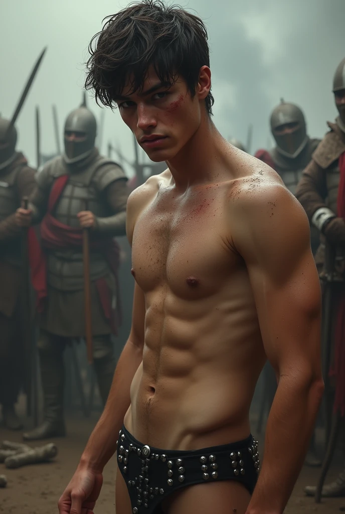 A sexually attractive white  boy, his lean and muscular physique glistening with sweat from an intense battle. His skin, pale yet flushed with exertion, contrasts sharply with his dark black hair, which clings to his forehead in wet strands. He stands proudly, though slightly hunched over, his chest heaving with deep, labored breaths, displaying his well-defined abs and the delicate curve of his pectorals. His youthful body is adorned only by a skimpy black g-string that clings to his narrow hips, leaving his toned thighs and lower torso bare. The g-string is embellished with silver studs that glint in the dim light, drawing the eye to the hint of what lies beneath. In the background, one can discern the chaotic scene of a battle just concluded, with swords and shields scattered across the ground and a smoky haze lingering in the air. Despite his exhaustion, the boy's eyes are piercing and filled with a fiery determination that speaks of his valor. His full, red lips are parted as he breathes heavily, and a smear of dirt on his cheek adds to the allure of his disheveled appearance. The overall atmosphere is one of raw, unbridled passion and the aftermath of an epic clash, with the erotic undertones of his revealing attire and the vulnerability of his fatigued state creating a captivating visual narrative.