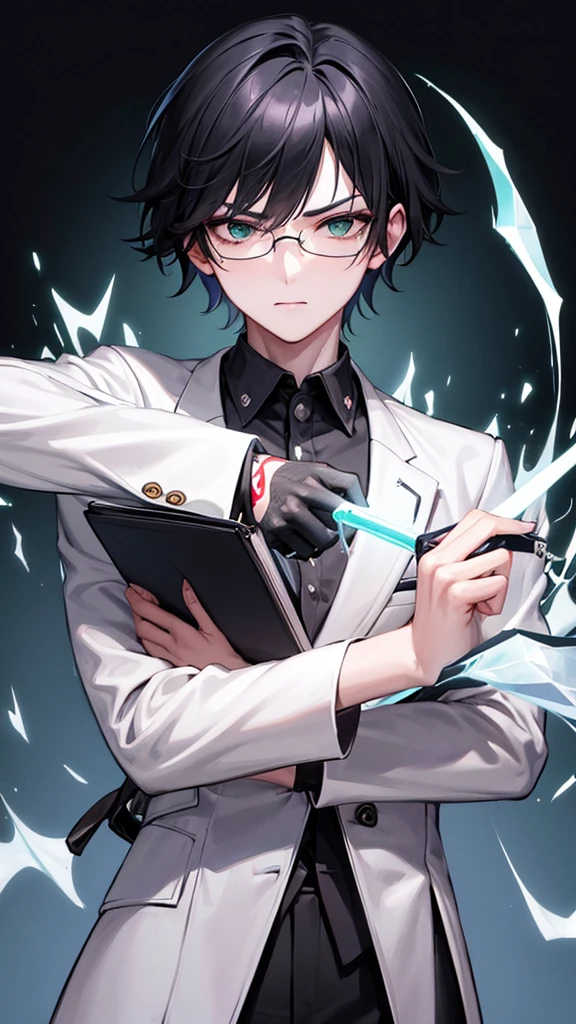 a young Korean man with short messy hair and white black gray spot, gray green eyes, look at the piercing crystals, wearing suit, the constant dark books background of a dark block cement wall, with small tattoos, aretes, reading glasses on face, or freckles spots on the skin, doing magic, hair in the wind, a black cat with green eyes on the shoulder, holding a crystal sword with an angry expression