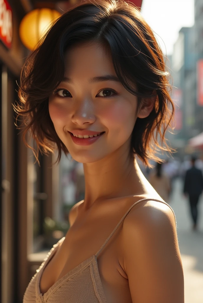 ((K, UHD, Top Quality, Masterpiece: 1.2), (Realistic, Photorealistic: 1.37), Ultra Detail, (Tokyo, Busy Street, Sunny: 1.2), Professional Lighting, Photon Mapping, Radiosity, Physically Based Rendering, Masterpiece, Rich Detail, (Fine Face),(Fine Eyes), (Clear Face), (Detailed Face Description), (Detailed Hand Description), ( masterpiece), realistic, extreme light and shadow, shiny skin,shiny hair, one girl, 1, Japan, cute, (smile,happy:1.3),(gradient brown hair, short hair, ponytail:1.2),small tall, slender: 1.2, double, disheveled hair, fine clavicle, clavicle, (small breast, flat chest:1.37),(dynamic pose, cowboy shot: 1.3), (knitted deep V-neckline slip dress, micro mini, sideboob, bare waist, bare armpit, cleavage: 1.2), face focus