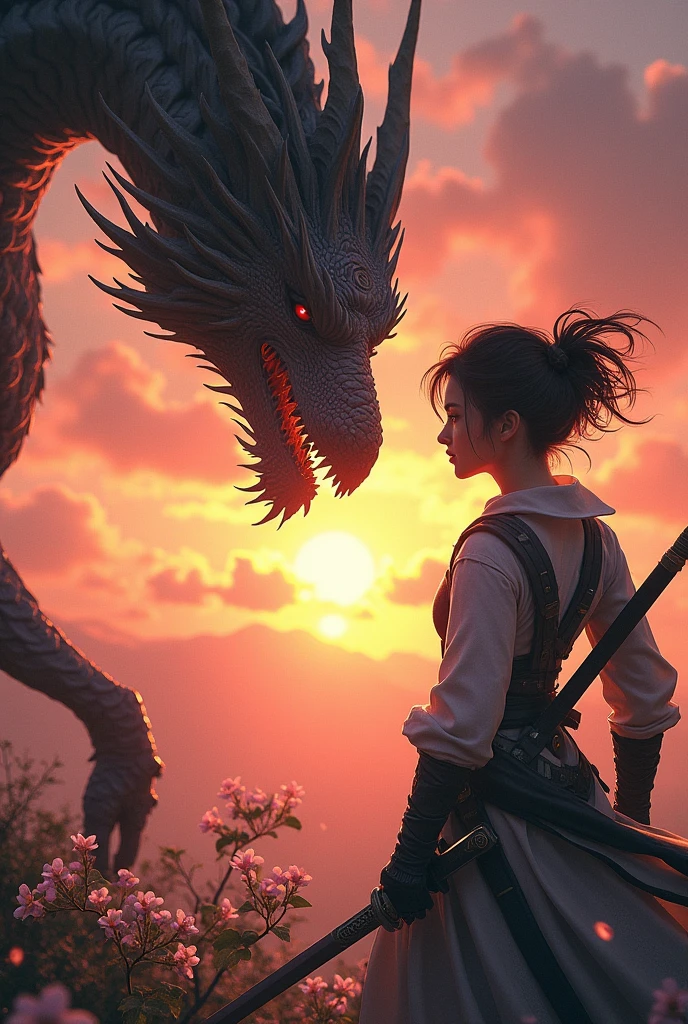 Woman with short hair who forms an alliance with a dragon and carries a sword on her back and around it Japanese skeleton flowers the woman and the dragon look at each other!!! - meanwhile it is sunrise - the dragon is detailed like in game of thrones Take the picture from now and make it even more magical I want more action in the picture - active poses MOVEMENT Let the two fight
