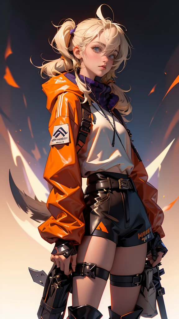 envision a 8k, highres, cinematic, beautiful full body design sheet of a short girl named Gigi Murin with dark brown and blonde multicolored hair in twin tails, a tail, purple eyes, wearing an animal hood, hood up, orange jacket, cropped jacket, white shirt, mechanical gauntlets, orange belt, black shorts, single thighhigh, striped thighhigh against a dark background