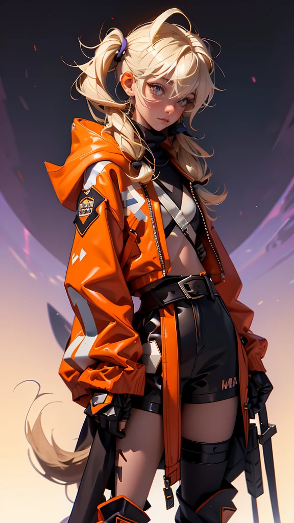 envision a 8k, highres, cinematic, beautiful full body design sheet of a short girl named Gigi Murin with dark brown and blonde multicolored hair in twin tails, a tail, purple eyes, wearing an animal hood, hood up, orange jacket, cropped jacket, white shirt, mechanical gauntlets, orange belt, black shorts, single thighhigh, striped thighhigh against a dark background