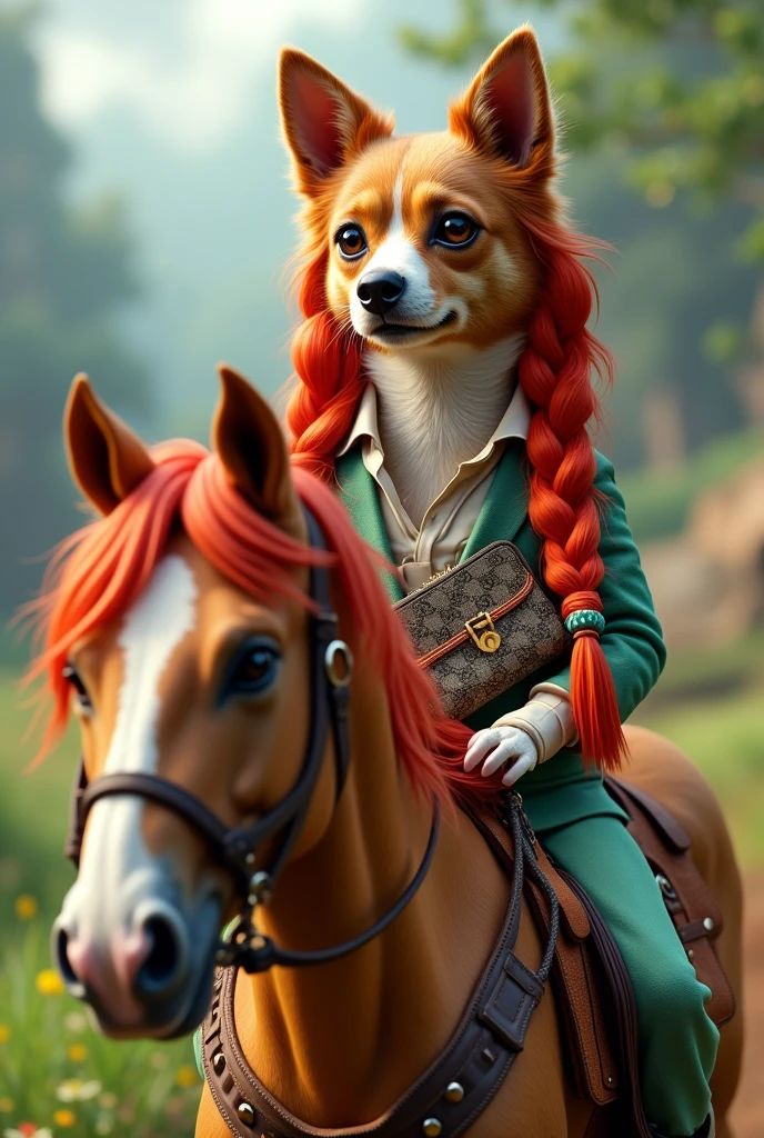 dog riding a horse with red hair with Rapunzel braids and a pepito and an iPhone and 3 gucci wallets