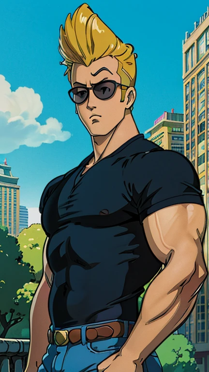 (1boy, johnny bravo), (extremely detailed CG unit 8k wallpaper),(master part), (best quality), (ultra detail), (best illustration),(ghibli style), cowboy shot, (Sharp eyeliner, ombre, detail eyes:1), city park, outdoors , break , (GHIBLI_Background), upper body, sunglasses, black shirt,  