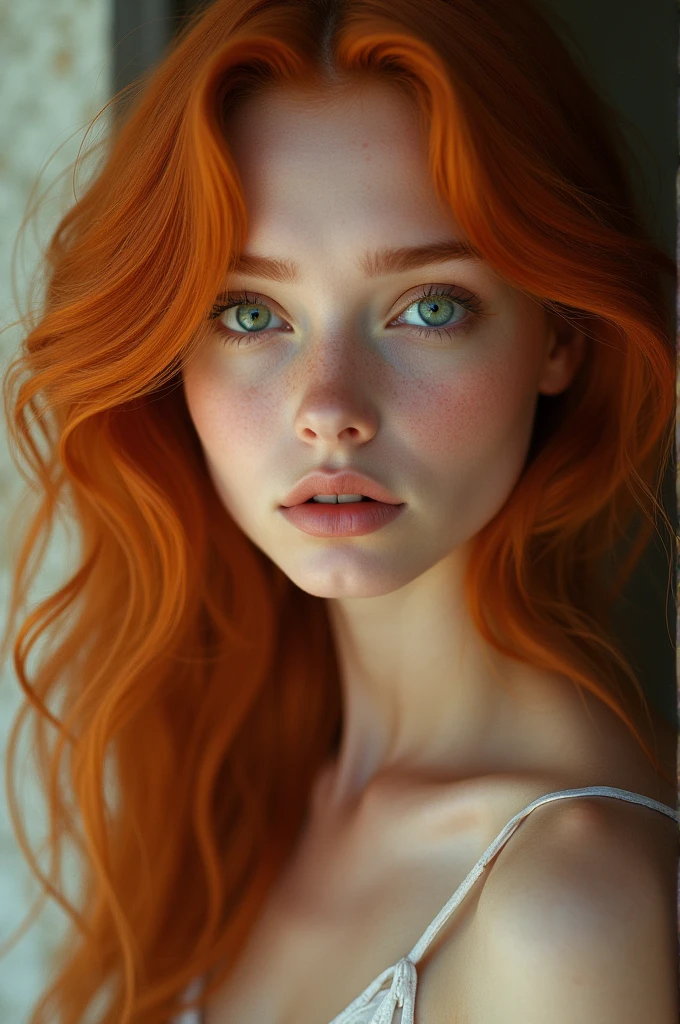 Caucasian female, greeneyes, wavy red hair