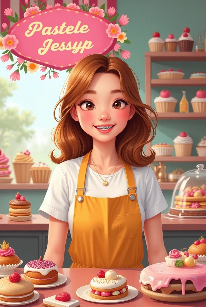 Pastry girl, light brown skin color, ohos cafes,smiling with braces on teeth, Loose hair with caramel balayage, with the sign “Pasteles JessyP” in pink flowery letters, Pink colour, around cakes, cupcakes