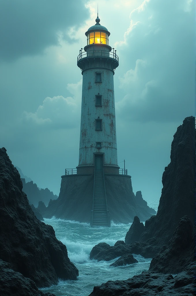 
depict a lighthouse where the sea is receding and the appearance of underwater rocks