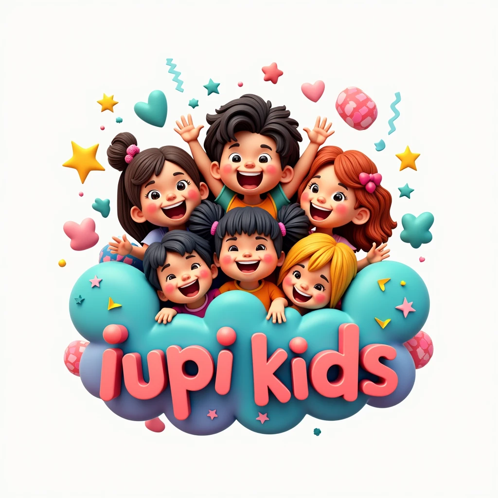 Design a playful and vibrant logo 3D for a children's YouTube channel named 'IuPi Kids'. The logo should feature bright colors, fun illustrations, and a friendly, approachable style. Include multiple children in the design to emphasize the channel’s focus on diverse and engaging content for kids