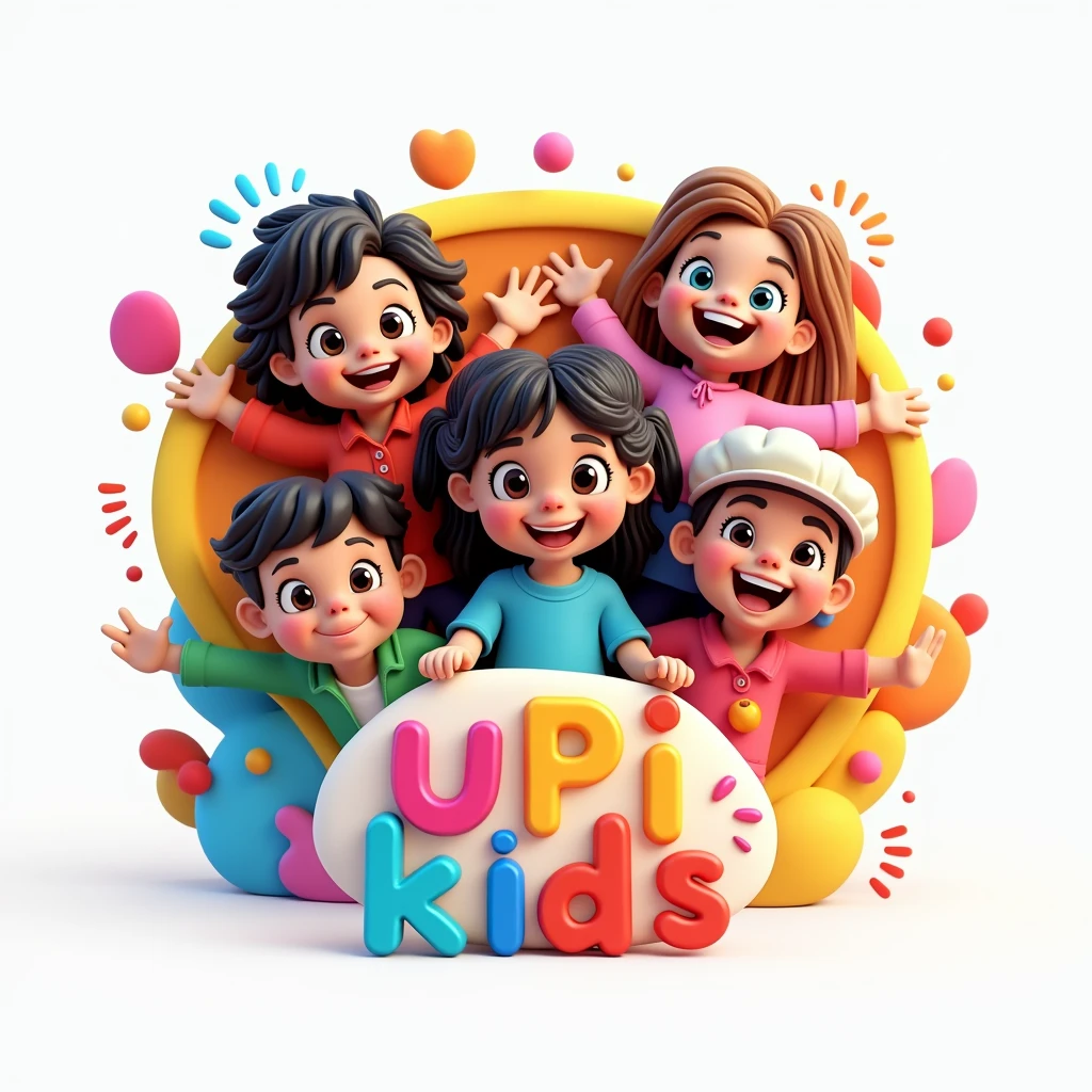 Design a playful and vibrant logo 3D for a children's YouTube channel named 'IuPi Kids'. The logo should feature bright colors, fun illustrations, and a friendly, approachable style. Include multiple children in the design to emphasize the channel’s focus on diverse and engaging content for kids