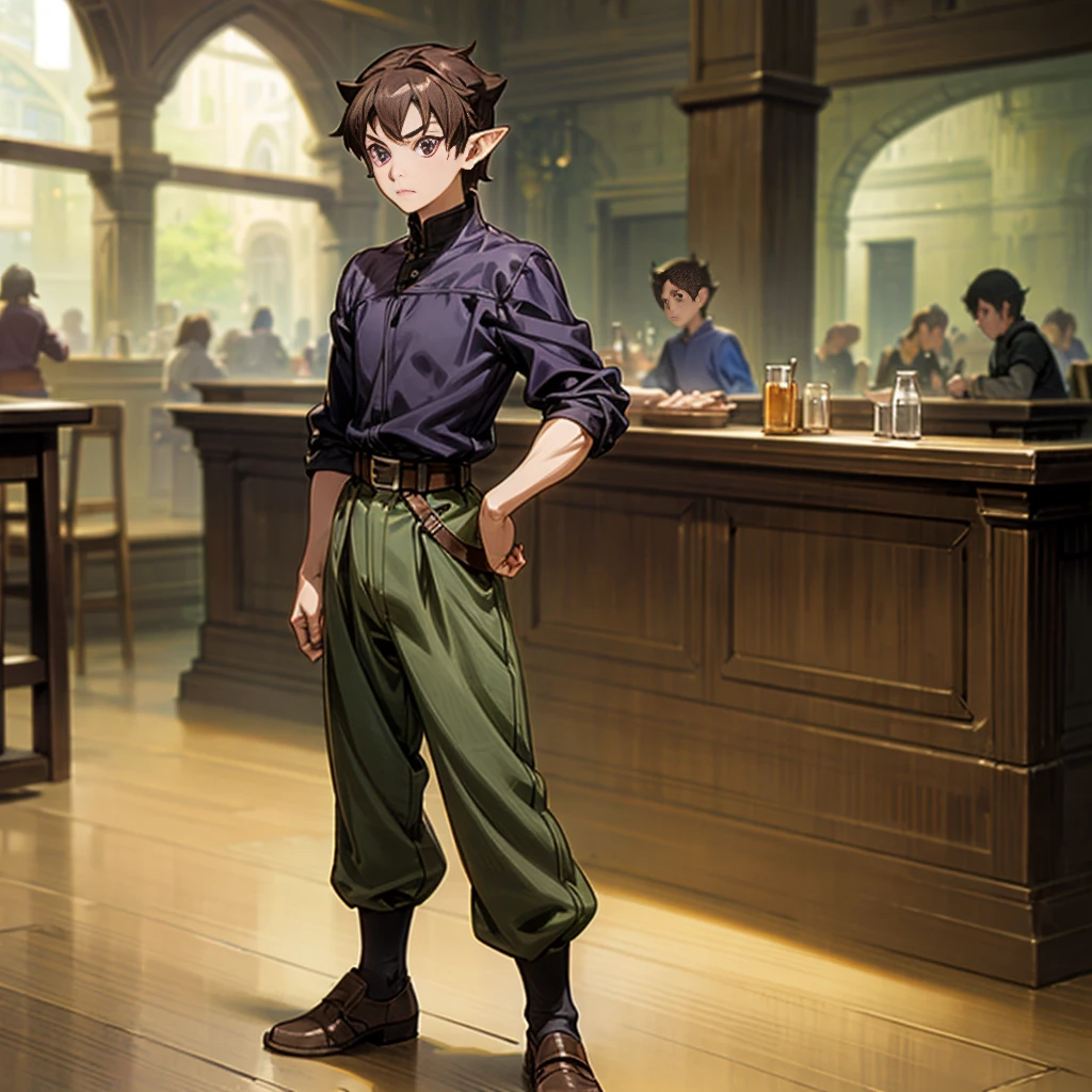 Solo character, full body version, ??? boy, muscle, (elf), purple eyes, brown color hair, undercut hair, black shirt, brown long pants, shoes, belt, indoor, bar, town, medieval, standing gesture, detailed background, detailed clothing, detailed hair, (Makoto shinkai style art)