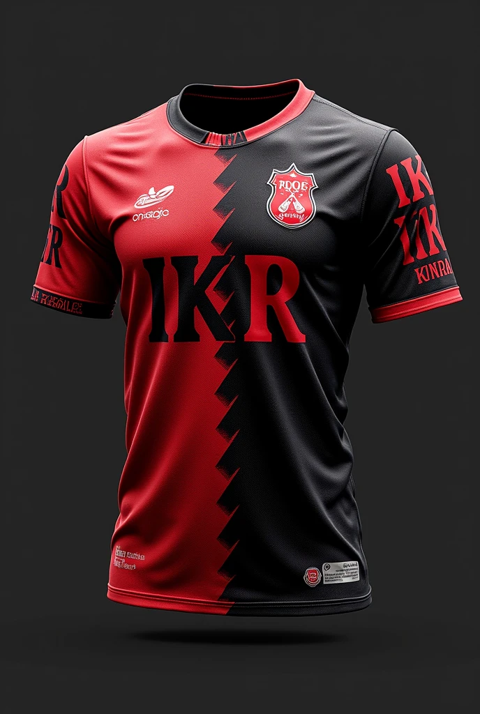 Front of the jersey:
- Black and red colors in a unique pattern resembling knight armor.
- Team name "IKR" prominently displayed, possibly in a font that complements the knight theme.
Back of the jersey:
- A zigzag pattern in black and red colors to add visual interest to the back of the jersey.