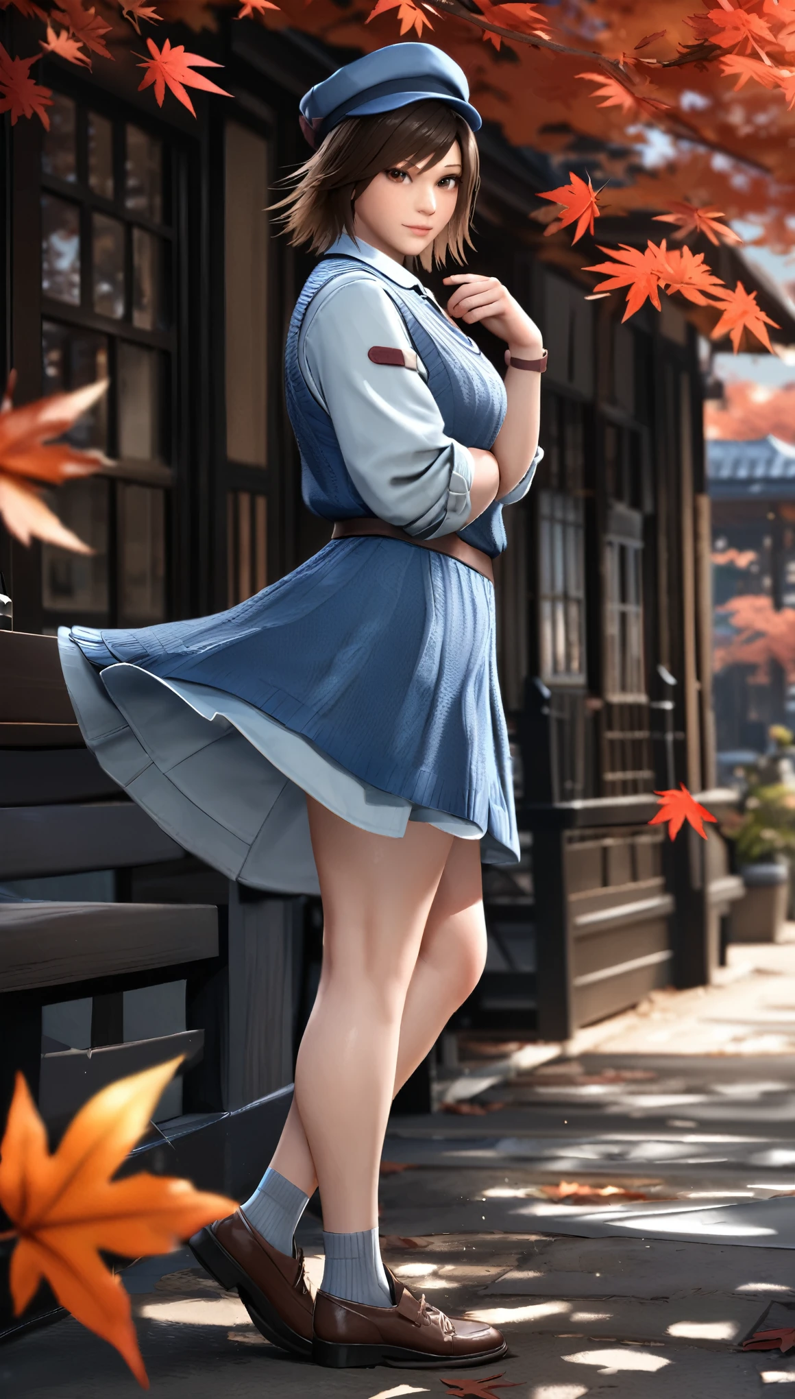 masterpiece, best quality, very aesthetic, absurdres, 1girl, asuka, brown hair, looking at viewer, hat, brown eyes, maple leaf, wind lift, socks, from side, short hair, hand up,  