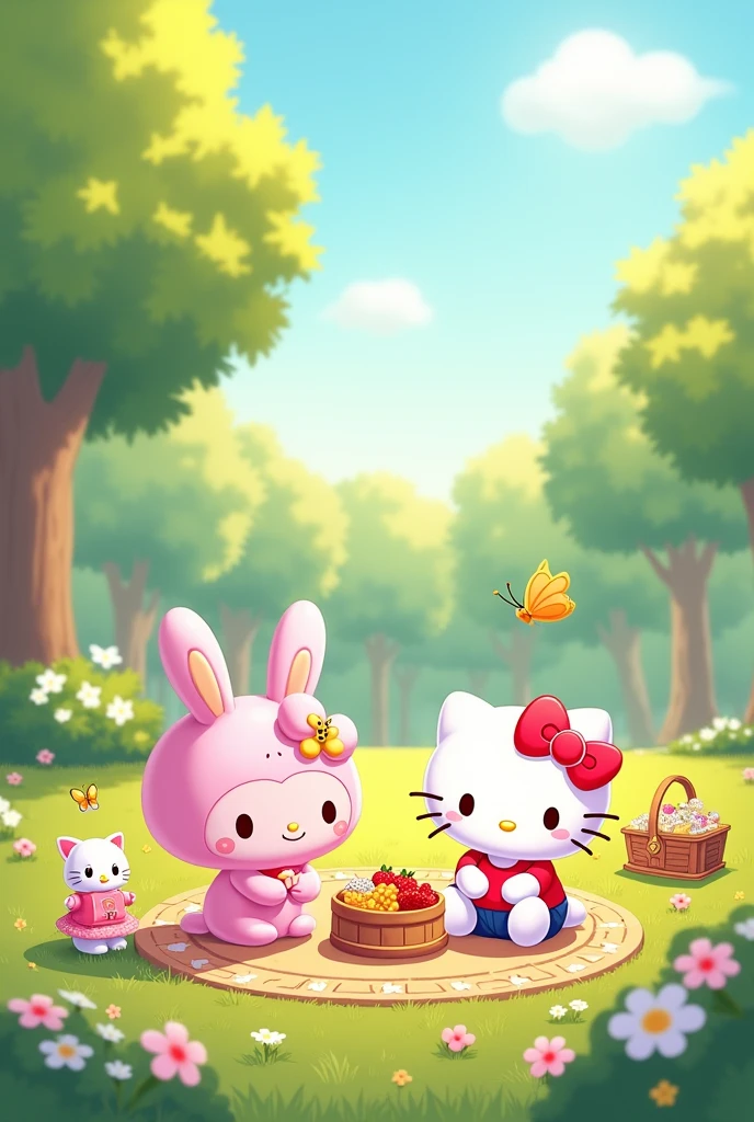 Viñeta 1:scene: A nice and sunny park. Hello Kitty and her friends are playing together.Text: "It&#39;s a perfect day to play and have fun together.".