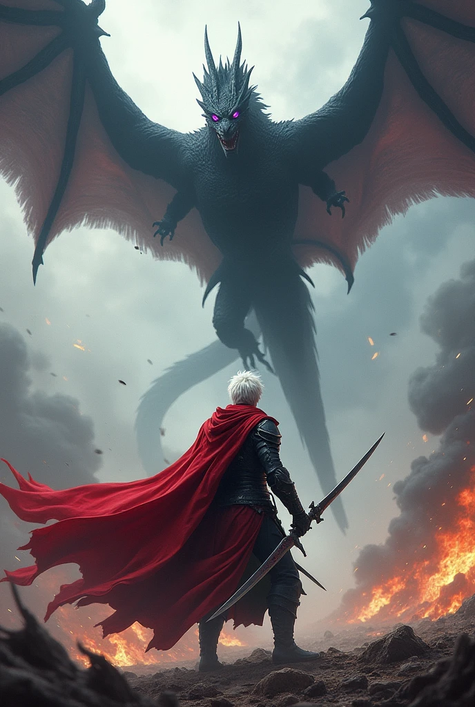 Red caped warrior, white hair and purple eyes, fighting on a battlefield, and his black dragon flying in the sky