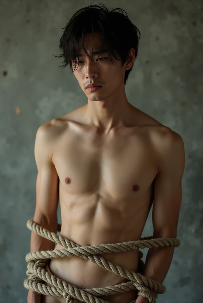 1boy、Photo Quality、Handsome Men、Mash Hair、Japanese male, 、Completely naked、Full nudity、erection、Huge penis、Highest quality、Realistic、beautiful、Sad look、 ((((Completely tied up with rope)))), ((((A very tight rope is crisscrossed over the chest)))),(((Body bound with tight rope))) 