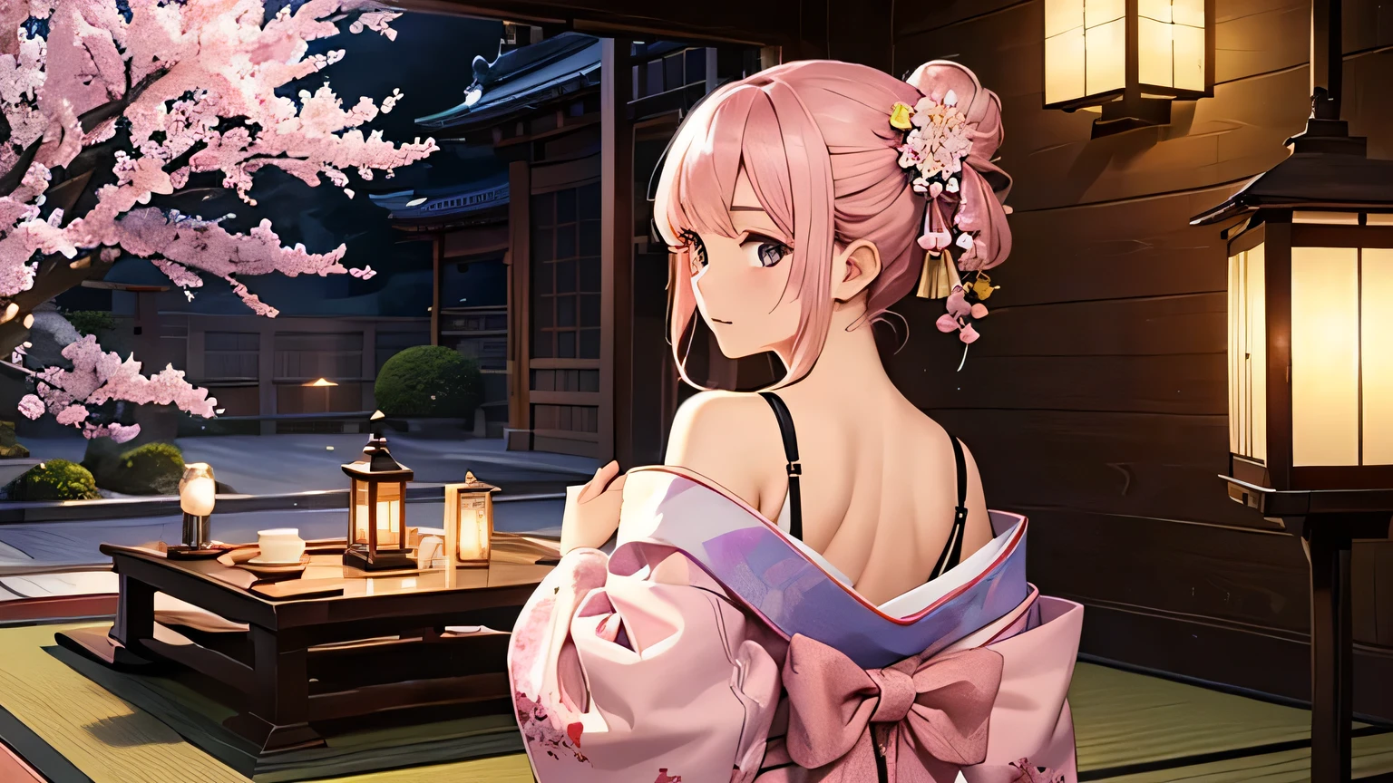 ((Highest quality)), ((masterpiece)), (detailed), One person, Off-the-shoulder sweater, Twelve-layered kimono、Light pink kimono、Back view、Lantern、Twilight、Tatami room、cherry blossoms