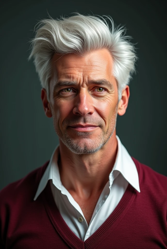 Name: Randall Clance
Age: 55
Hair: White with red-gray edges at temples, styled in a quiff, with back and sides taped
Eyes: Light green or blue
Body Shape: Bara bodybuilder, middle-aged but more handsome
Muscles: Large, prominent pectoral muscles, biceps, and overall muscular physique
Attire: White blouse paired with a maroon red sweater
Description: Randall Clance embodies the epitome of middle-aged charm and strength. With his white hair, accented by hints of red-gray at the temples, and piercing light green or blue eyes, he commands attention. His physique is that of a seasoned bodybuilder, boasting large, prominent muscles, especially in the chest and arms. Clothed in a white blouse under a stylish maroon red sweater, Randall exudes confidence and authority. As a coach professor, his presence is both inspiring and formidable.