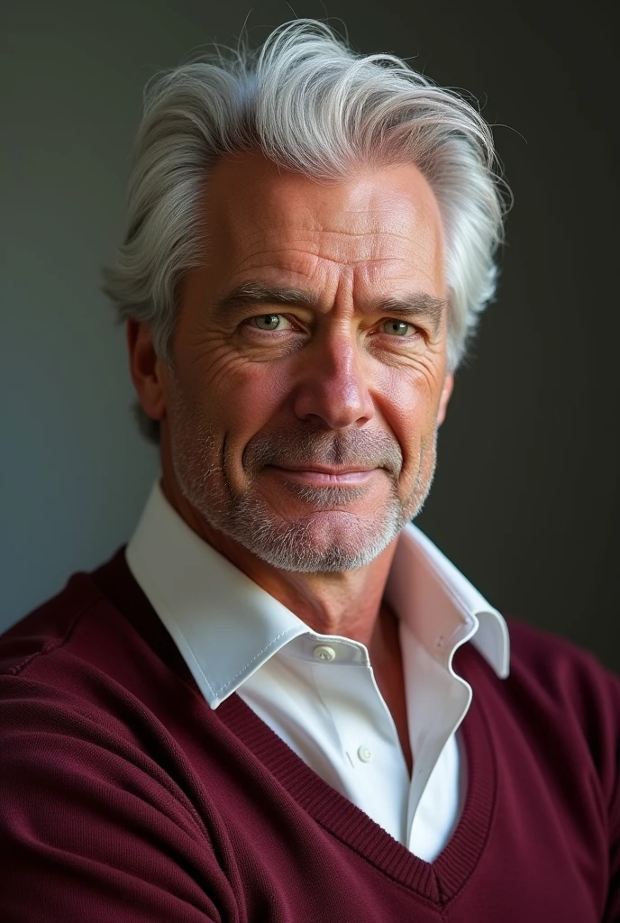 Name: Randall Clance
Age: 55
Hair: White with red-gray edges at temples, styled in a quiff, with back and sides taped
Eyes: Light green or blue
Body Shape: Bara bodybuilder, middle-aged but more handsome
Muscles: Large, prominent pectoral muscles, biceps, and overall muscular physique
Attire: White blouse paired with a maroon red sweater
Description: Randall Clance embodies the epitome of middle-aged charm and strength. With his white hair, accented by hints of red-gray at the temples, and piercing light green or blue eyes, he commands attention. His physique is that of a seasoned bodybuilder, boasting large, prominent muscles, especially in the chest and arms. Clothed in a white blouse under a stylish maroon red sweater, Randall exudes confidence and authority. As a coach professor, his presence is both inspiring and formidable.