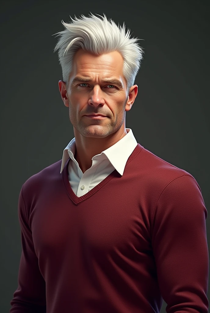 Name: Randall Clance
Age: 55
Hair: White with red-gray edges at temples, styled in a quiff, with back and sides taped
Eyes: Light green or blue
Body Shape: Bara bodybuilder, middle-aged but more handsome
Muscles: Large, prominent pectoral muscles, biceps, and overall muscular physique
Attire: White blouse paired with a maroon red sweater
Description: Randall Clance embodies the epitome of middle-aged charm and strength. With his white hair, accented by hints of red-gray at the temples, and piercing light green or blue eyes, he commands attention. His physique is that of a seasoned bodybuilder, boasting large, prominent muscles, especially in the chest and arms. Clothed in a white blouse under a stylish maroon red sweater, Randall exudes confidence and authority. As a coach professor, his presence is both inspiring and formidable.