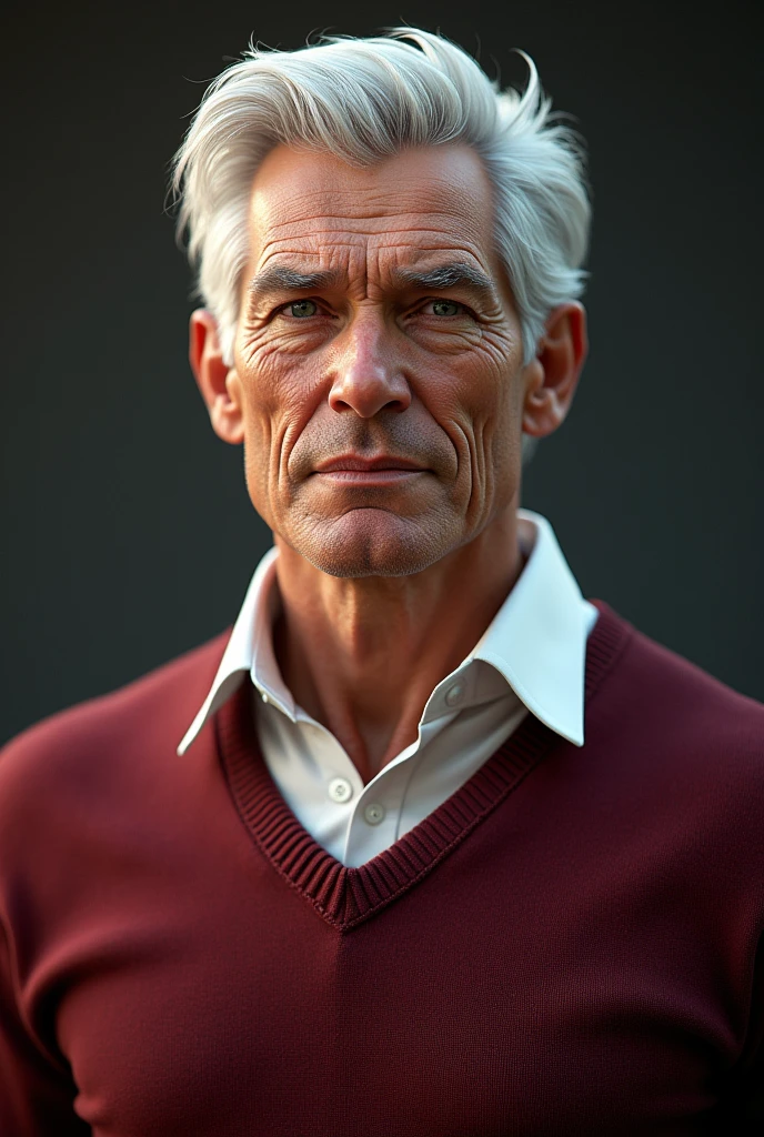 Name: Randall Clance
Age: 55
Hair: White with red-gray edges at temples, styled in a quiff, with back and sides taped
Eyes: Light green or blue
Body Shape: Bara bodybuilder, middle-aged but more handsome
Muscles: Large, prominent pectoral muscles, biceps, and overall muscular physique
Attire: White blouse paired with a maroon red sweater
Description: Randall Clance embodies the epitome of middle-aged charm and strength. With his white hair, accented by hints of red-gray at the temples, and piercing light green or blue eyes, he commands attention. His physique is that of a seasoned bodybuilder, boasting large, prominent muscles, especially in the chest and arms. Clothed in a white blouse under a stylish maroon red sweater, Randall exudes confidence and authority. As a coach professor, his presence is both inspiring and formidable.