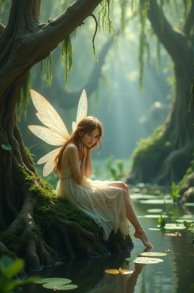 Fairy sitting on a rock infront of a swamp looking back at the camera