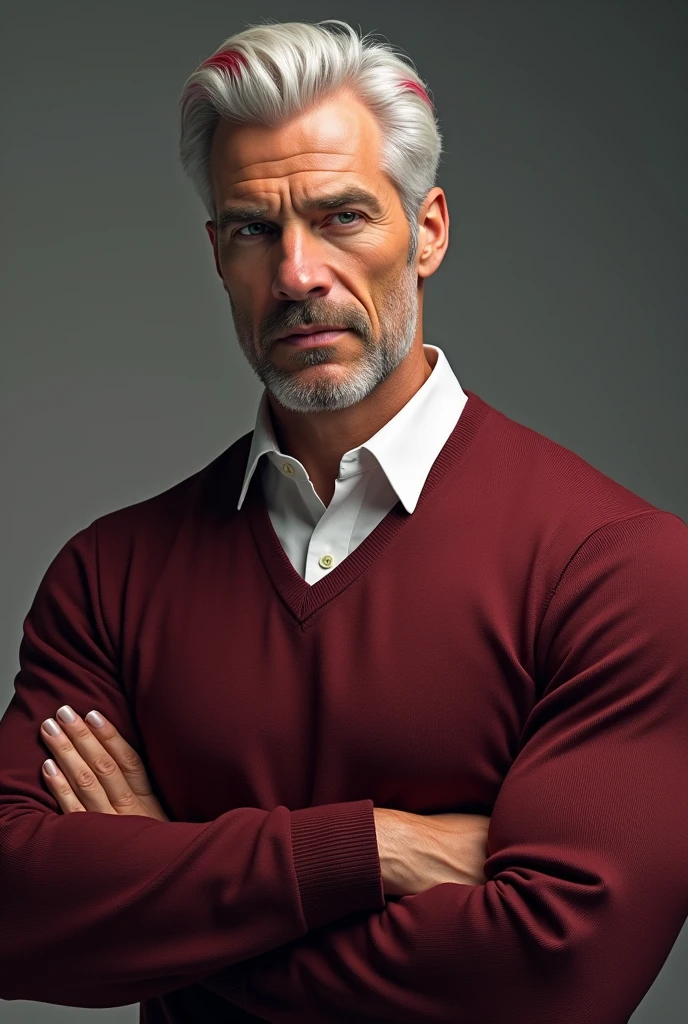 Name: Randall Clance

Age: 55

Hair: White with red-gray edges at temples, styled in a quiff, with back and sides taped

Eyes: Light green or blue

Body Shape: Bara bodybuilder, middle-aged but more handsome

Muscles: Large, prominent pectoral muscles, biceps, and overall muscular physique

Attire: White blouse paired with a maroon red sweater

Description: Randall Clance embodies the epitome of middle-aged charm and strength. With his white hair, accented by hints of red-gray at the temples, and piercing light green or blue eyes, he commands attention. His physique is that of a seasoned bodybuilder, boasting large, prominent muscles, especially in the chest and arms. Clothed in a white blouse under a stylish maroon red sweater, Randall exudes confidence and authority. As a coach professor, his presence is both inspiring and formidable.