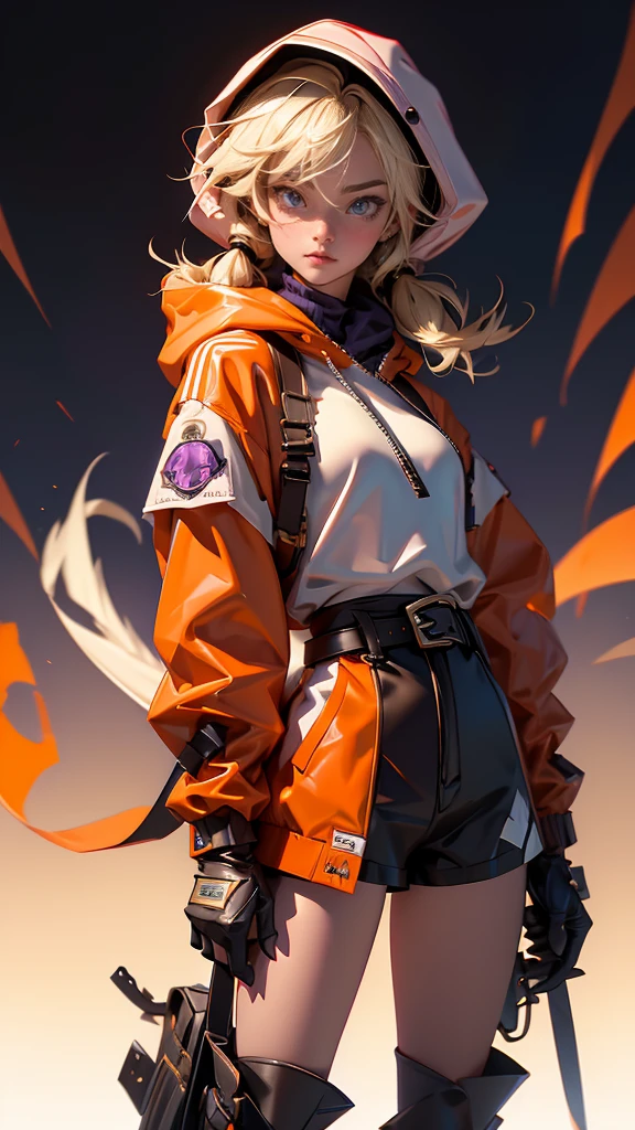 envision a 8k, highres, cinematic, beautiful full body design sheet of a short girl named Gigi Murin with dark brown and blonde multicolored hair in twin tails, a tail, purple eyes, wearing an animal hood, hood up, orange jacket, cropped jacket, white shirt, mechanical gauntlets, orange belt, black shorts, single thighhigh, striped thighhigh against a dark background