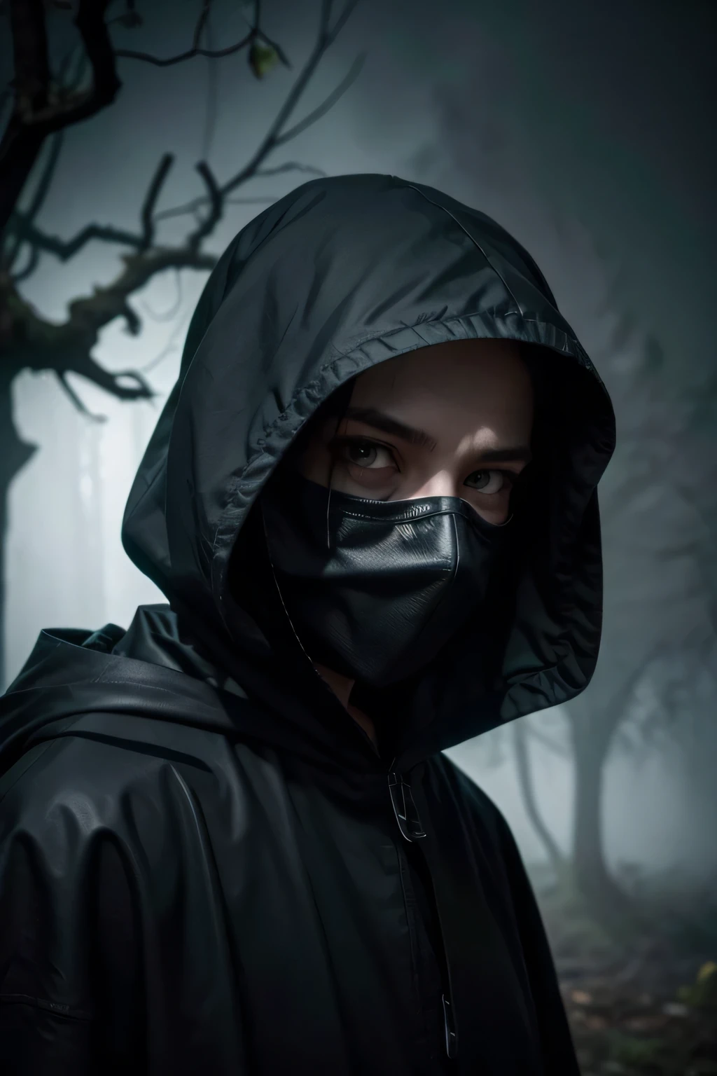 The image shows an avatar wrapped in a smoky black cloak that appears to blend into the shadows.. The face is hidden by an enigmatic mask, metallic and worn appearance, with eyes that glow with an eerie emerald green light. Behind the mask, a pair of deep red eyes peer out, almost as if they were watching the viewer&#39;s every move.

The background of the image is a dark and misty environment, with twisted trees and a thick fog that hides indistinct and threatening shapes. Ao longe, the silhouette of an old, decaying mansion rises against a turbulent, overcast sky, with clouds that seem to churn and change shape constantly.

Small disturbing details, like rusty chains and hidden symbols, are visibly present along the avatar&#39;s cloak and in the shadows surrounding him, suggesting a supernatural presence and a connection to terrifying mysteries. The overall feeling of the image is one of deep mystery and constant threat., creating an atmosphere of terror and unease that leaves the viewer with a shiver down their spine.