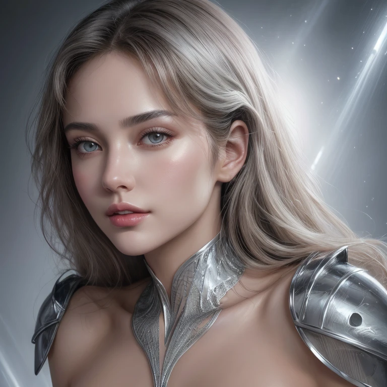 Realistic digital painting of the natural beauty in a shiny silver highcut Leotard, highly detailed, dynamic and perfect composition, artistry of Jose Royo,  Beautiful Realistic Face, White Skin, Pointed Breast, Small Nipples, Perfect Anatomy, Realistic Eyes, Natural Eyes,