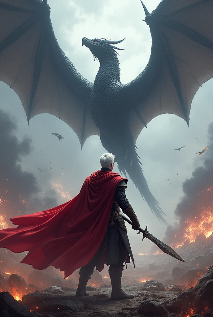 Red caped warrior, white hair and purple eyes, fighting on a battlefield, and his black dragon flying in the sky