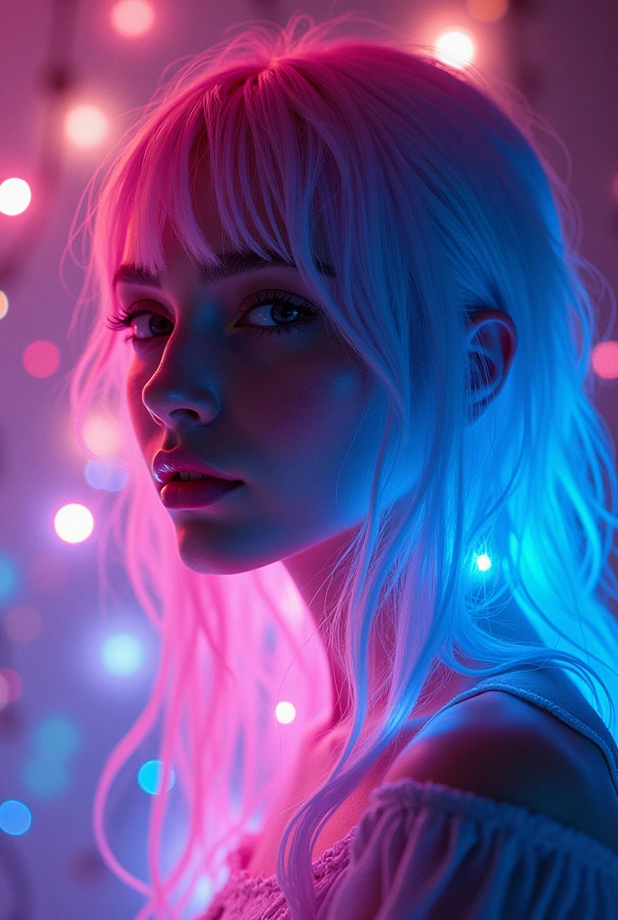 neon pink and blue hair is glowing in the dark, in the style of dark white and light purple, trillwave, digital airbrushing, glowing lights, glowing neon, vibrant whimsy,