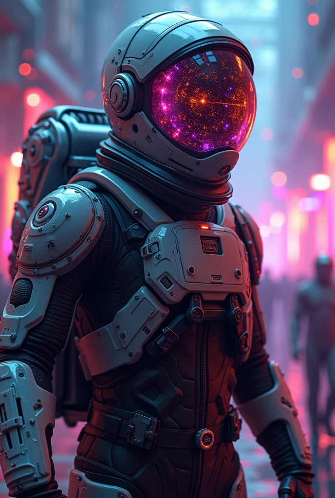 Epic astronaut with LED lights on his helmet, background with distortion of a party 