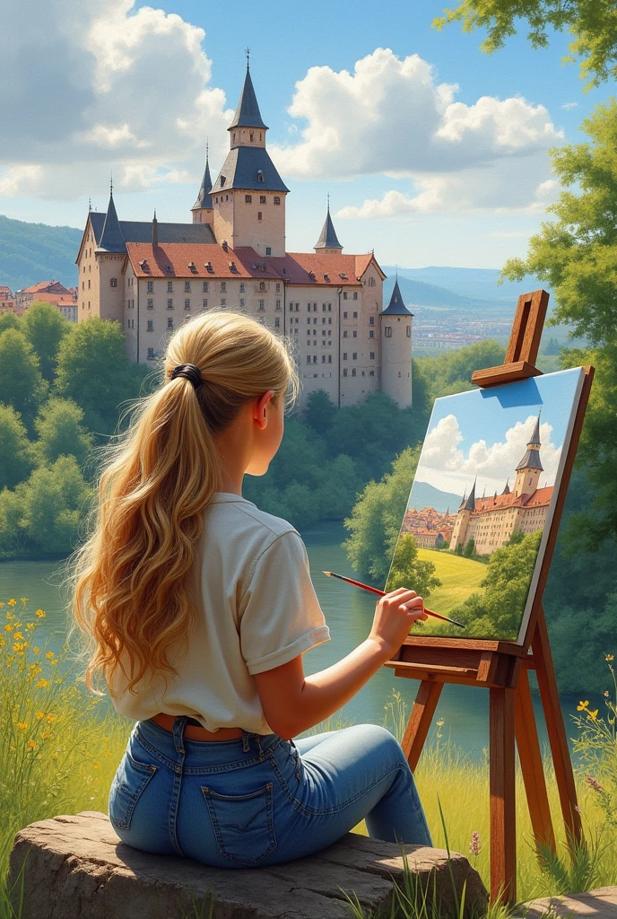 Photorealist , a girl with blonde hair, girl staying back, painting, on  canvas, with watercolor, landspace germany, girl out door in nuremberg city of germany, painting castle, girl It sits on its back