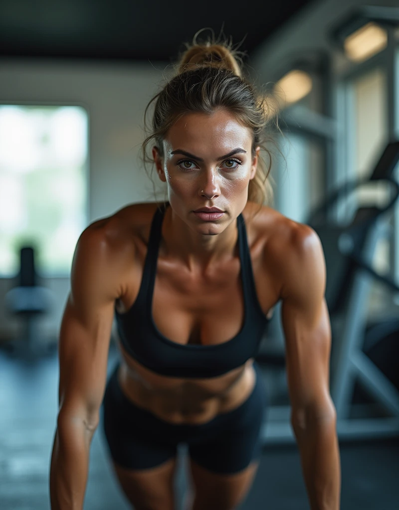 high quality full body image, of a beautiful athlete, 🤬 🤮 💕 🎀, She is in the gym doing sit-ups on the floor, details of sweat on the skin, marked muscles.
