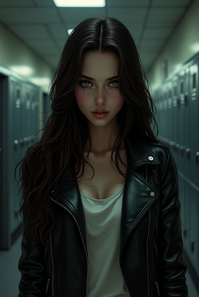 create the image of a young woman who looks 2, very dark brown hair, wavy and long, very white skin and slightly pink cheeks and light green eyes, wearing leather jacket, her fatal and sexy gaze and smirk in digital illustration style inspired by the GTA V loading screens, Her sexy expression, low lighting. thriller atmosphere. University hallway background with dark university lockers