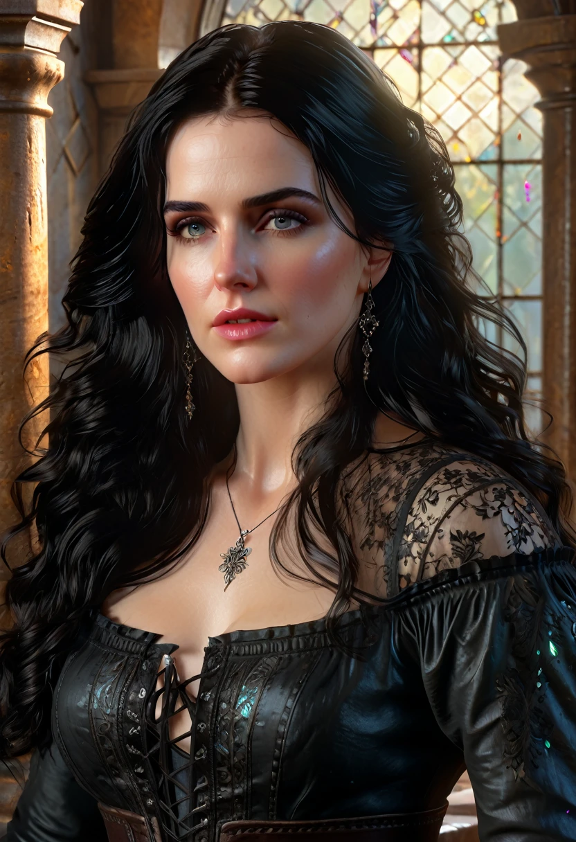 A full figure portrait, beautiful woman yennefer , long hair, , thron, enchanted aura, ray tracing, subsurface scattering, bokeh, gorgeous fantasy scenery, bright day, Painting by Harrison Fisher and WLOP, Artgerm, Alan Lee, expressive eyes, filigrees, (Carne Griffiths 0.6), (Sienkiewicz 0.4) cinematic lighting, highly detailed full body face and clothing. vibrant, wonderful, very stylish, glamorous, appealing, classy, majestic, stunningly beautiful