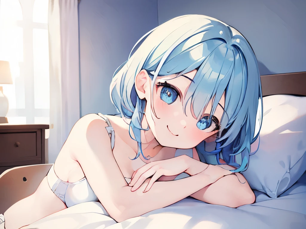 ((masterpiece)), ((best quality)), (ultra-detailed), on the bed, a cute girl, 1girl, solo, underwear00, ((beautiful eyes)), smile, beautiful blue hair