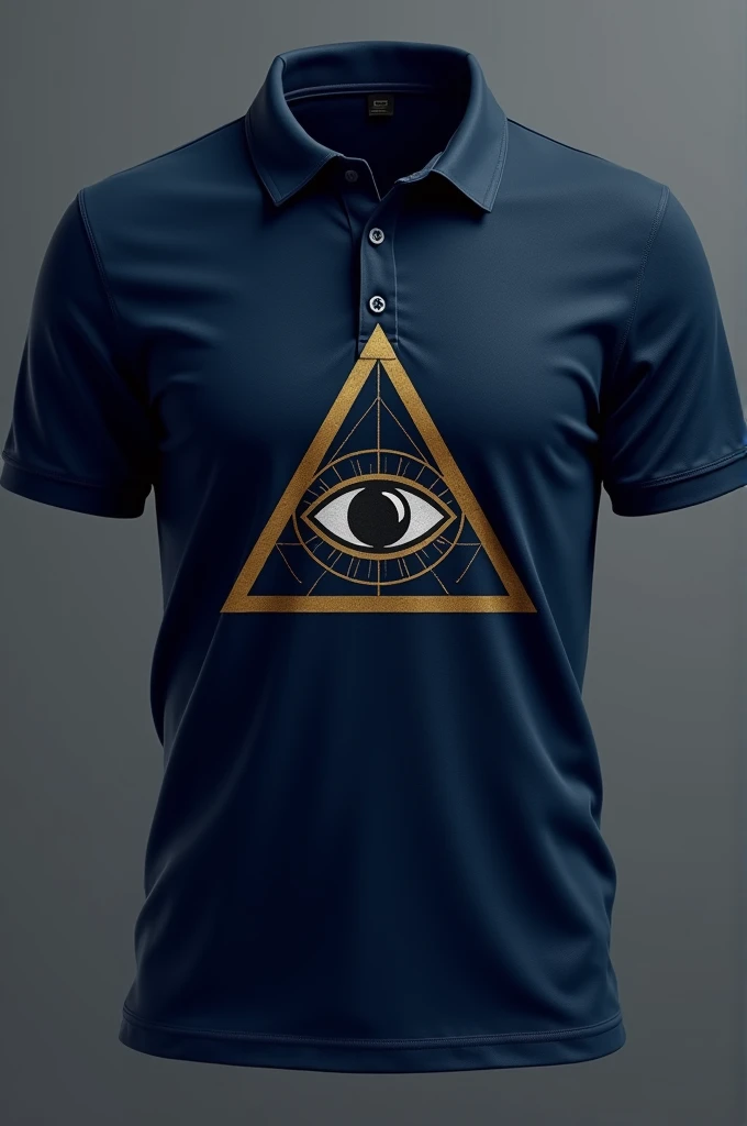 Design for a navy blue polo shirt with a triangle and an eye inside the triangle in the middle, similar to that of an illumina ti