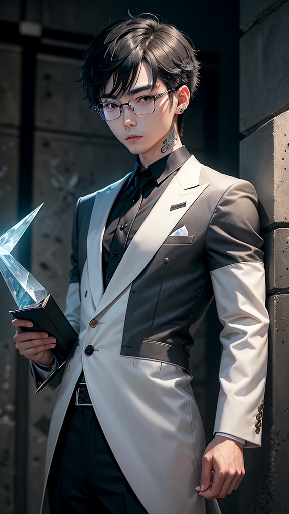 a young Korean man with short messy hair and white black gray spot, gray green eyes, look at the piercing crystals, wearing suit, the constant dark books background of a dark block cement wall, with small tattoos, aretes, reading glasses on face, or freckles spots on the skin, doing magic, hair in the wind, a black cat with green eyes on the shoulder, holding a crystal sword with an angry expression 