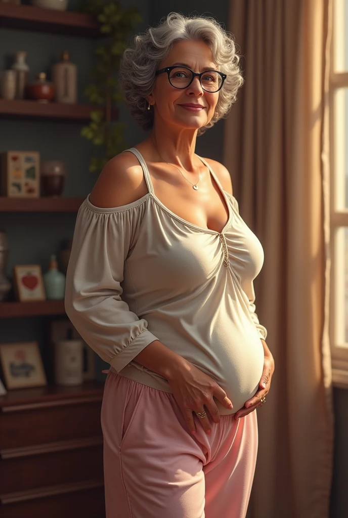 (photorealism:1.2), beautiful 4 woman, wearing loose off-shoulder top, glasses, busty, mature woman, pajama pants, short curly hair, indoors, soft lighting, sexy-shop store, cozy room, relaxed pose, realistic, intricate details, warm colors, aged woman with big breasts.