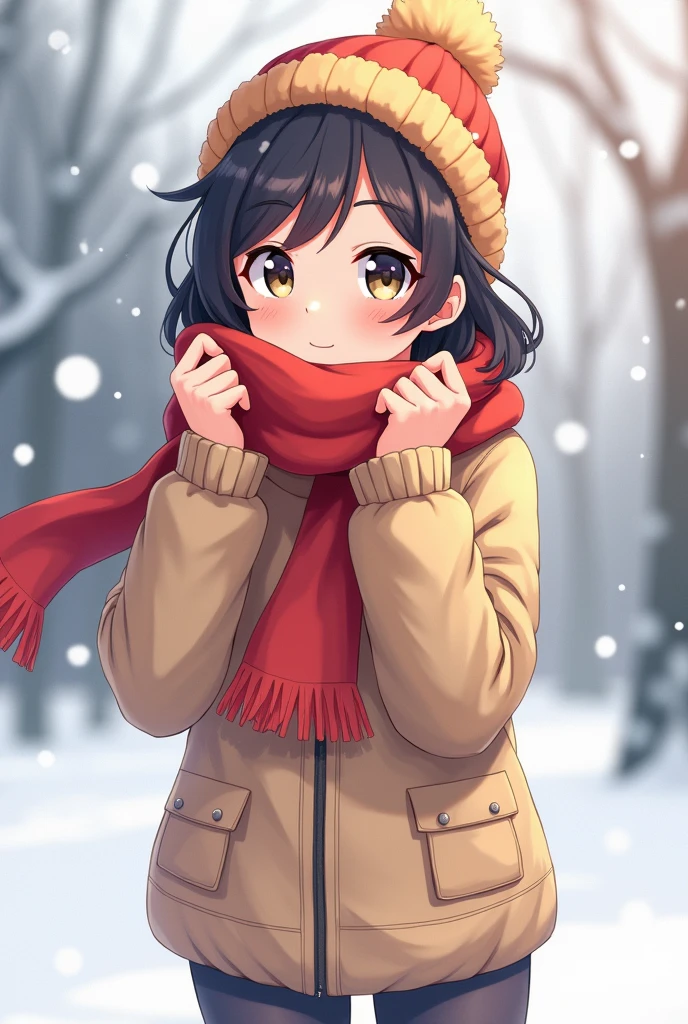 Create an image of a person in winter clothes posing holding a scarf around their neck in anime style