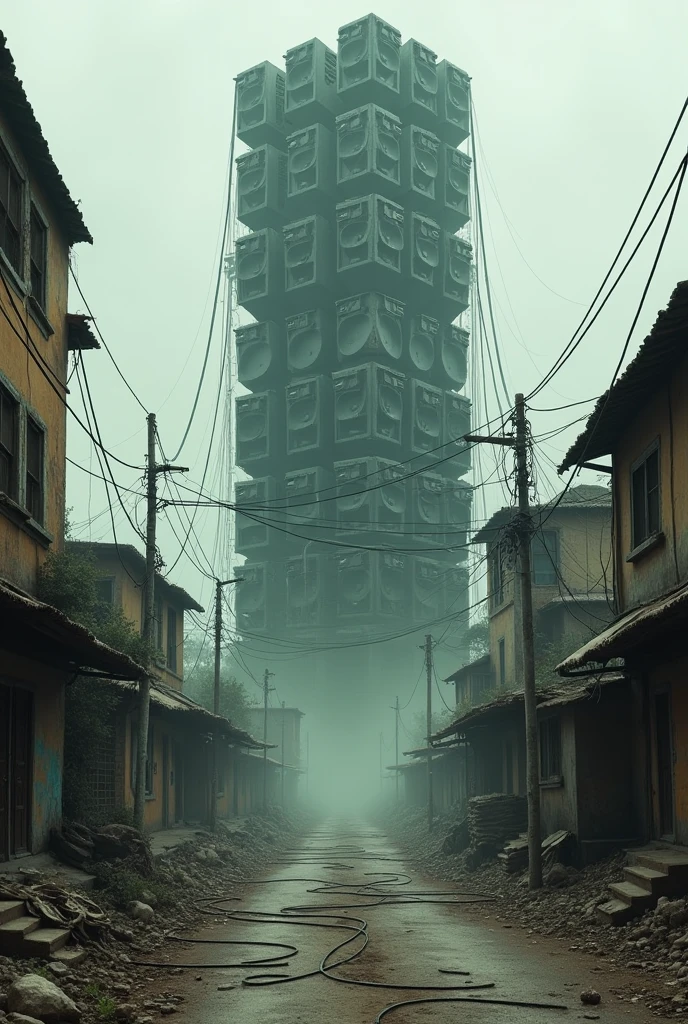 Slum street with houses on the sides and a small mountain of speakers with cables in the middle of the street with a bit of smoke and dust around the whole image with a slight cyberpunk style