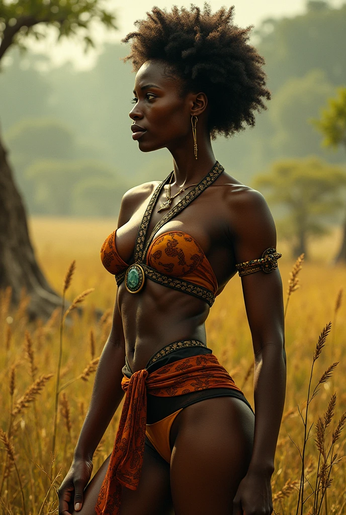 Realistic image of a young, hairy , African, curly hair, shirtless, barefoot women showing his feet, naked